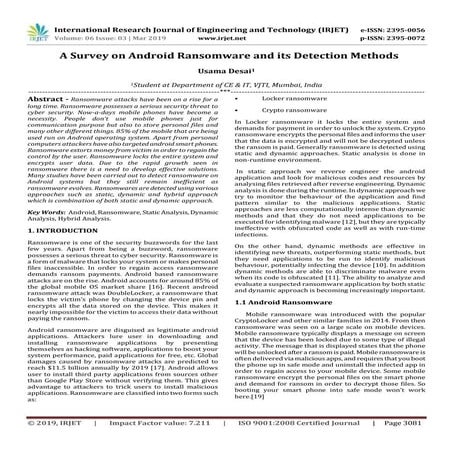 IRJET- A Survey on Android Ransomware and its Detection Methods