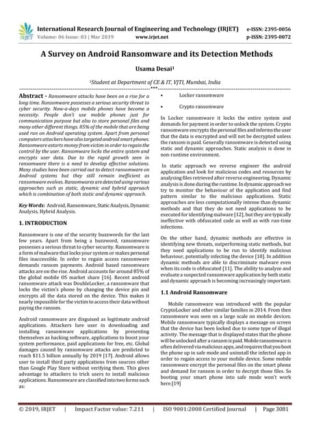 IRJET- A Survey on Android Ransomware and its Detection Methods