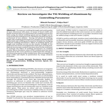 IRJET- Review on Investigate the Tig Welding of Aluminum by Controlling Param...