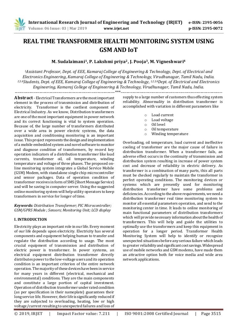 Irjet Real Time Transformer Health Monitoring System Using Gsm A