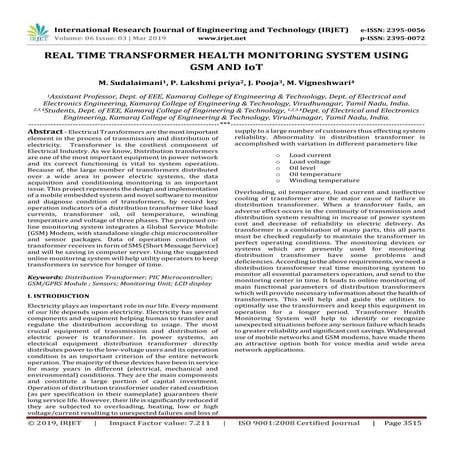 IRJET-  	  Real Time Transformer Health Monitoring System using GSM and IoT