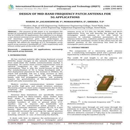 IRJET- Design of Mid-Band Frequency Patch Antenna for 5G Applications