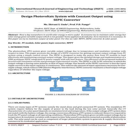 IRJET- Design Photovoltaic System with Constant Output using SEPIC Converter