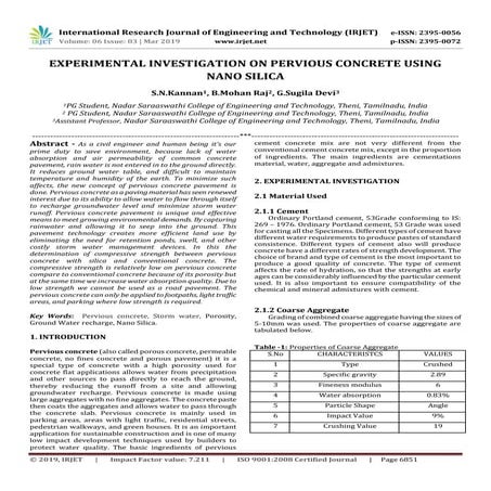 IRJET- Experimental Investigation on Pervious Concrete using Nano Silica