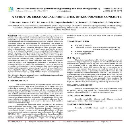 IRJET-  	  A Study on Mechanical Properties of Geopolymer Concrete