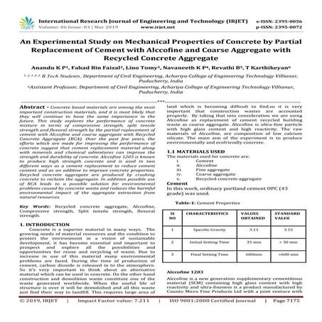 AN EXPERIMENTAL STUDY ON STRENGTH OF CONCRETE WITH PARTIAL REPLACEMENT ...
