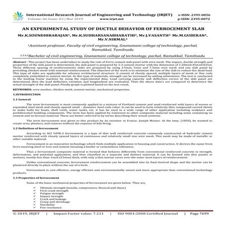 IRJET- An Experimental Study of Ductile Behavior of Ferrocement Slab