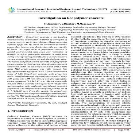 IRJET-  	  Investigation on Geopolymer Concrete