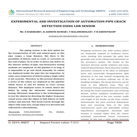 IRJET-  	  Experimental and Investigation of Automation Pipe Crack Detection ...