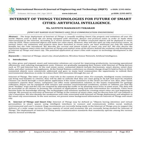 IRJET- Internet of Things Technologies for Future of Smart Cities: Artificial...