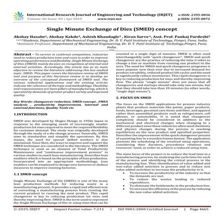 IRJET-  	  Single Minute Exchange of Dies (SMED) Concept