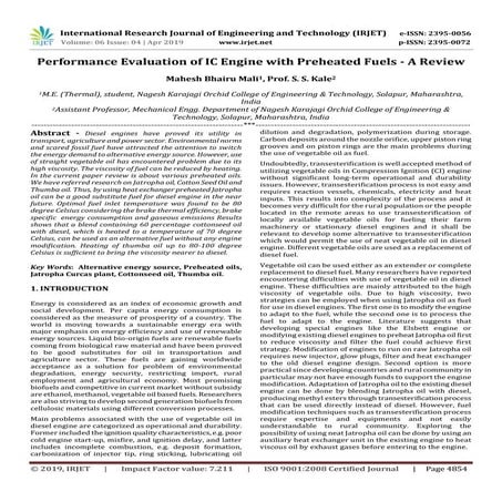 IRJET- Performance Evaluation of IC Engine with Preheated Fuels - A Review