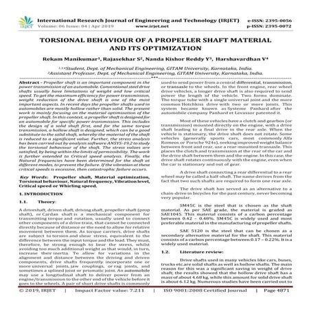 IRJET-  	  Torsional Behaviour of a Propeller Shaft Material and its Optimiza...