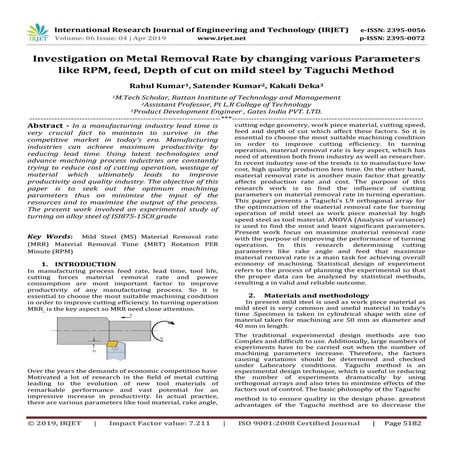 IRJET- Investigation on Metal Removal Rate by Changing Various Parameters Lik...