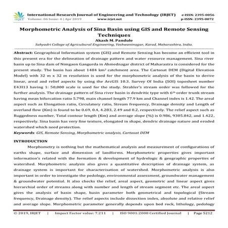 IRJET- Morphometric Analysis of Sina Basin Using GIS and Remote Sensing Techn...