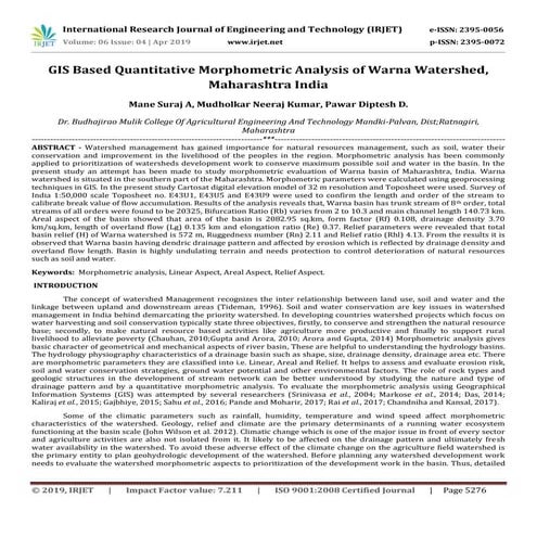 IRJET- GIS based Quantitative Morphometric Analysis of Warna Watershed, Mahar...