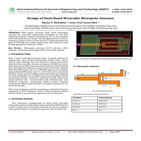 IRJET-  	  Design of Dual-Band Wearable Monopole Antenna