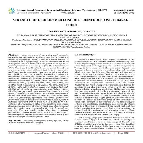 IRJET-  	  Strength of Geopolymer Concrete Reinforced with Basalt Fibre