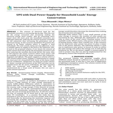 IRJET- UPS with Dual Power Supply for Household Loads’ Energy Conservation