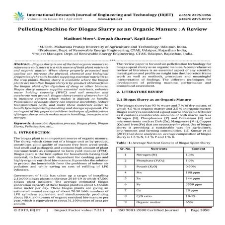 IRJET- Pelleting Machine for Biogas Slurry as an Organic Manure : A Review
