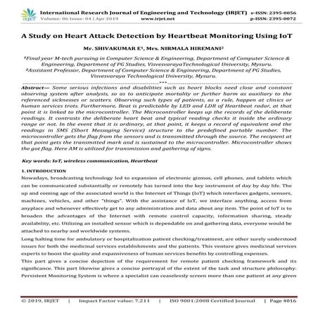 IRJET- A Study on Heart Attack Detection by Heartbeat Monitoring using IoT