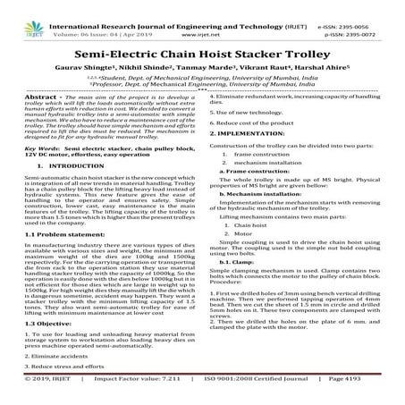 IRJET- Semi-Electric Chain Hoist Stacker Trolley