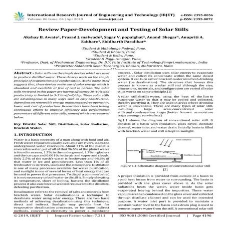 IRJET-  	  Review Paper-Development and Testing of Solar Stills
