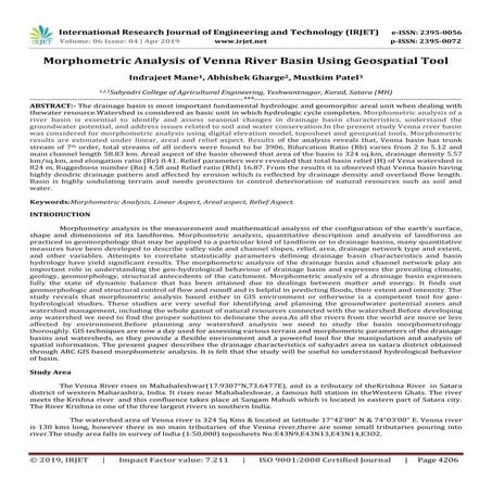 IRJET- Morphometric Analysis of Venna River Basin using Geospatial Tool