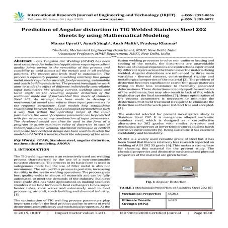 IRJET- Prediction of Angular Distortion in TIG Welded Stainless Steel 202 She...