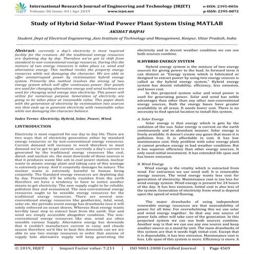 IRJET- Study of Hybrid Solar-Wind Power Plant System using MATLAB