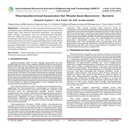 IRJET-  	  Thermoelectrical Generator for Waste heat Recovery- Review