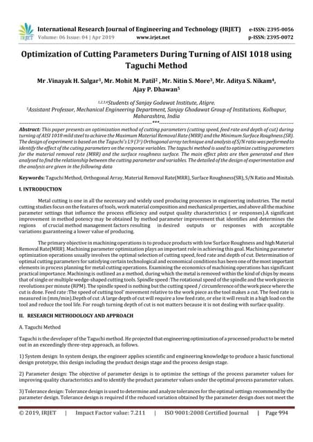 IRJET-  	  Optimization of Cutting Parameters During Turning of AISI 1018 usi...