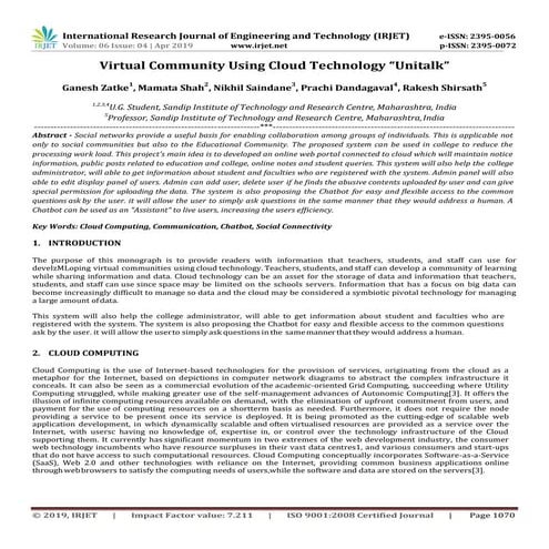 IRJET-  	  Virtual Community Using Cloud Technology “Unitalk”