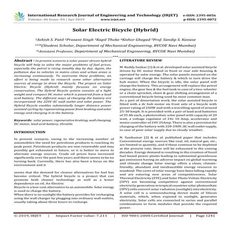 IRJET-  	  Solar Electric Bicycle (Hybrid)