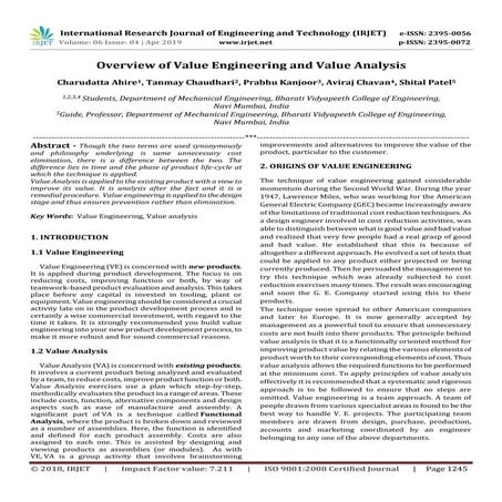 IRJET- Overview of Value Engineering and Value Analysis