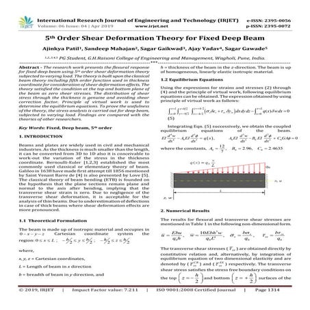 IRJET- 5th Order Shear Deformation Theory for Fixed Deep Beam