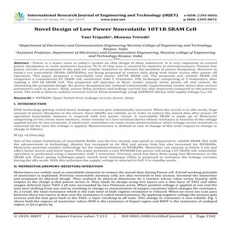 IRJET-  	  Novel Design of Low Power Nonvolatile 10T1R SRAM Cell