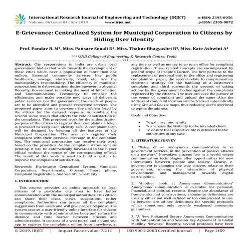 IRJET- E-Grievance: Centralized System for Municipal Corporation to Citizens ...