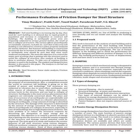 IRJET-  	  Performance Evaluation of Friction Damper for Steel Structure