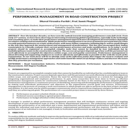 IRJET-  	  Performance Management in Road Construction Project