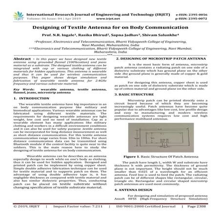 IRJET-  	  Designing of Textile Antenna for on Body Communication