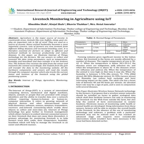 IRJET-  	  Live Stock Monitoring in Agriculture using IoT