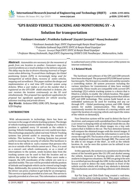 IRJET- GPS Based Vehicle Tracking and Monitoring System - A Solution for Tran...