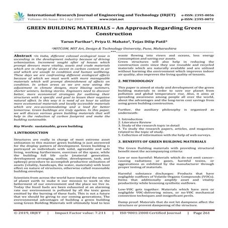 IRJET- Green Building Materials – An Approach Regarding Green Construction
