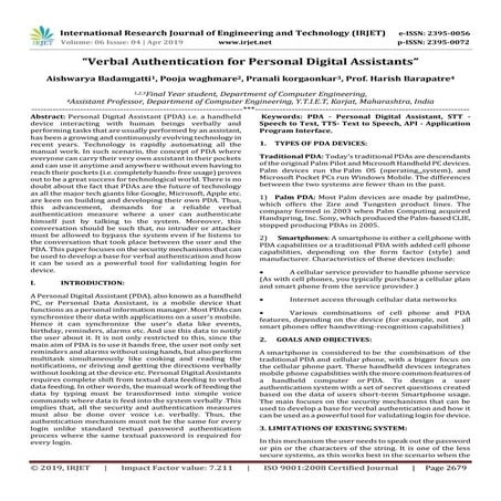 IRJET- Verbal Authentication for Personal Digital Assistants