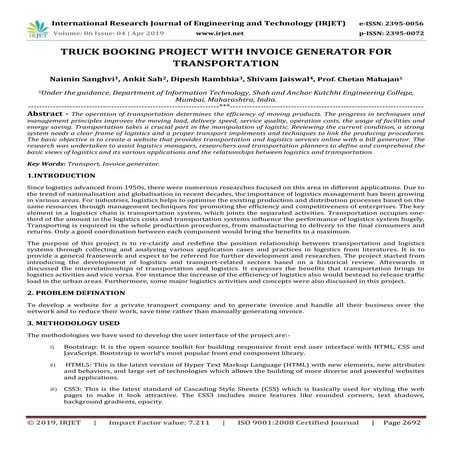 IRJET- Truck Booking Project with Invoice Generator for Transportation