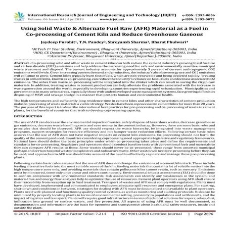 IRJET- Using Solid Waste & Alternate Fuel Raw (AFR) Material as a Fuel in Co-...