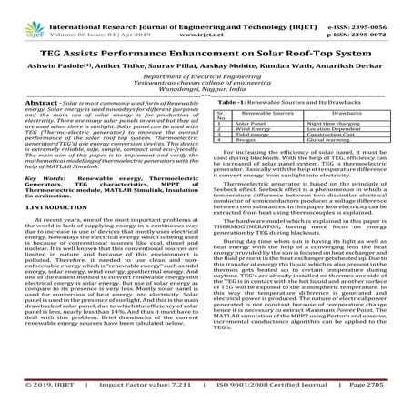 IRJET- TEG Assists Performance Enhancement on Solar Roof-Top System