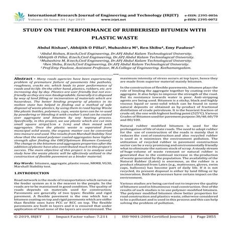 IRJET-  	  Study on the Performance of Rubberised Bitumen with Plastic Waste