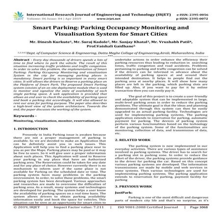 IRJET- 	  Smart Parking : Parking Occupancy Monitoring and Visualisation Syst...